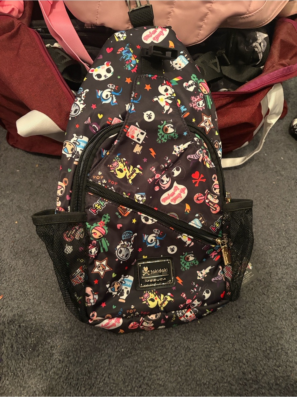 tokidoki Black Sling Backpack with Multicolor Character Print